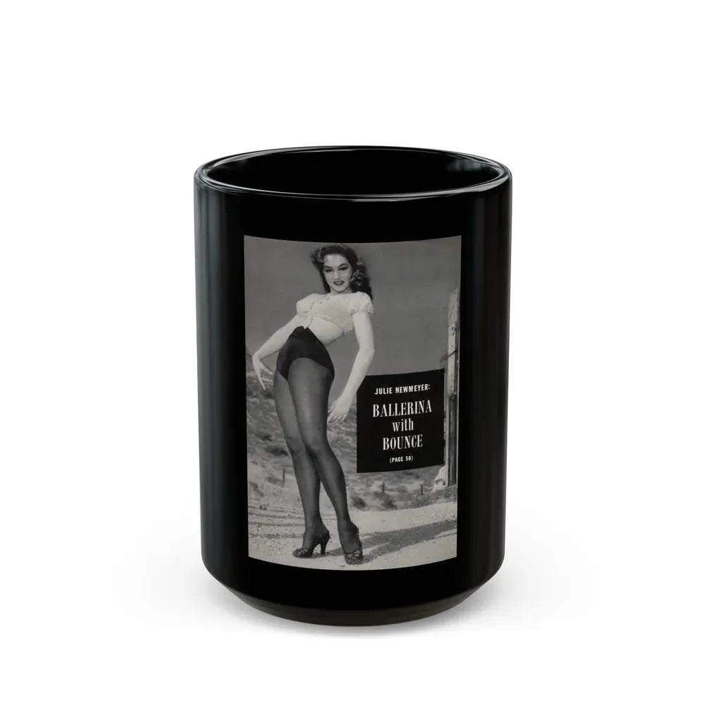 Julie Newmar #495 - Reverse side of back cover with, Intro to Julie and 1 B&W Photo & Caption from EYE Digest Mag. December '54 (Vintage Female Icon) Black Coffee Mug 15oz - Go Mug Yourself