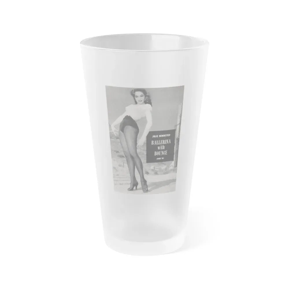 Julie Newmar #495 - Reverse side of back cover with, Intro to Julie and 1 B&W Photo & Caption from EYE Digest Mag. December '54 (Vintage Female Icon) Frosted Pint Glass 16oz 16oz Frosted - Go Mug Yourself