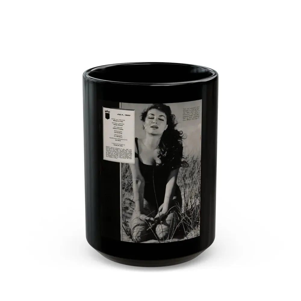 Julie Newmar #500 - Reverse side of front cover Intro to Julie with, 1 Full Page B&W Photo from Nugget Magazine July '57 (Vintage Female Icon) Black Coffee Mug 15oz - Go Mug Yourself