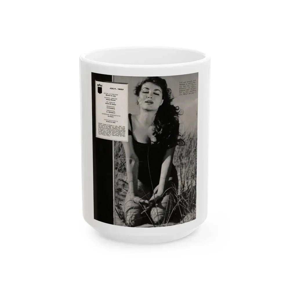 Julie Newmar #500 - Reverse side of front cover Intro to Julie with, 1 Full Page B&W Photo from Nugget Magazine July '57 (Vintage Female Icon) White Coffee Mug 15oz - Go Mug Yourself