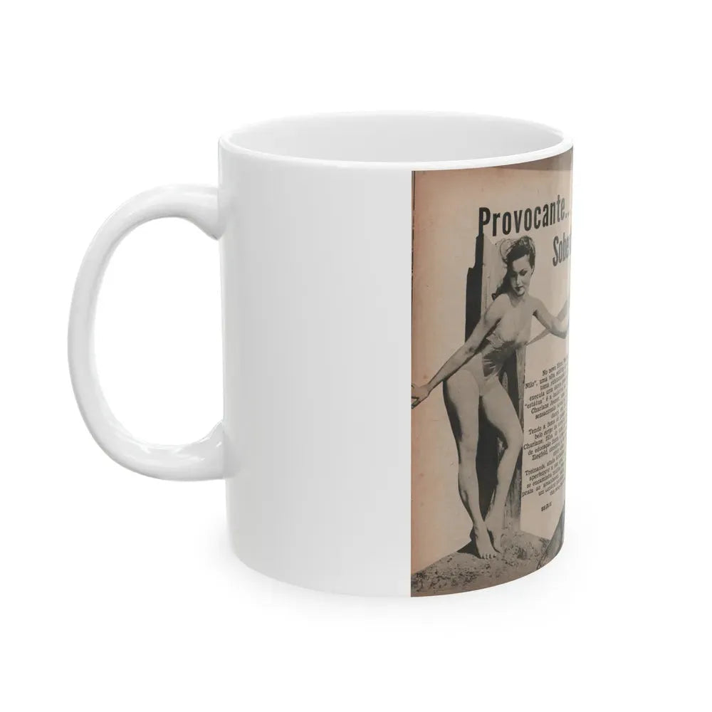 Julie Newmar #593 - Pages - Pages 1 & 2 of 4 with, Julie+2 B&W Photos, Article & Caption from Aconteceu MARCO DE 1955 Brazilian Digest Mag. (Vintage Female Icon) White Coffee Mug - Go Mug Yourself
