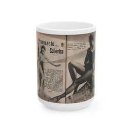 Julie Newmar #593 - Pages - Pages 1 & 2 of 4 with, Julie+2 B&W Photos, Article & Caption from Aconteceu MARCO DE 1955 Brazilian Digest Mag. (Vintage Female Icon) White Coffee Mug-Go Mug Yourself