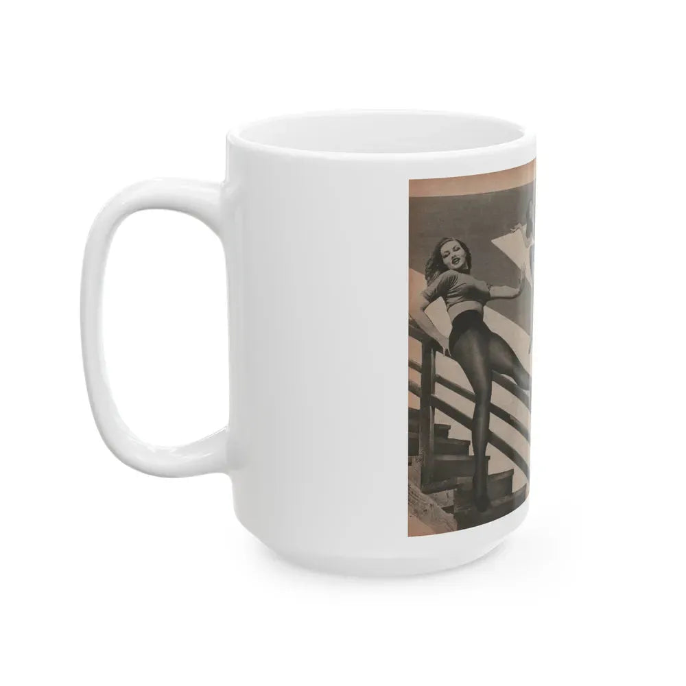 Julie Newmar #594 - Pages - Pages 3 & 4 of 4 with, Julie+4 B&W Photis & Caption from Aconteceu MARCO DE 1955 Brazilian Digest Mag. (Vintage Female Icon) White Coffee Mug - Go Mug Yourself