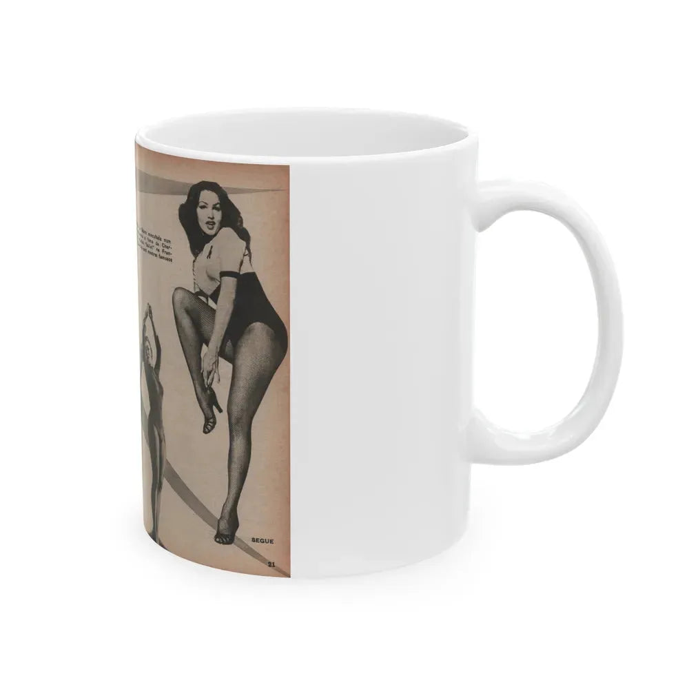 Julie Newmar #594 - Pages - Pages 3 & 4 of 4 with, Julie+4 B&W Photis & Caption from Aconteceu MARCO DE 1955 Brazilian Digest Mag. (Vintage Female Icon) White Coffee Mug - Go Mug Yourself