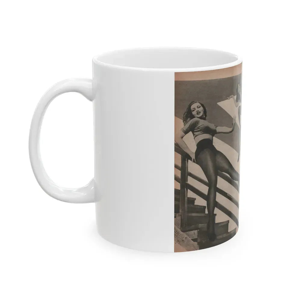 Julie Newmar #594 - Pages - Pages 3 & 4 of 4 with, Julie+4 B&W Photis & Caption from Aconteceu MARCO DE 1955 Brazilian Digest Mag. (Vintage Female Icon) White Coffee Mug - Go Mug Yourself