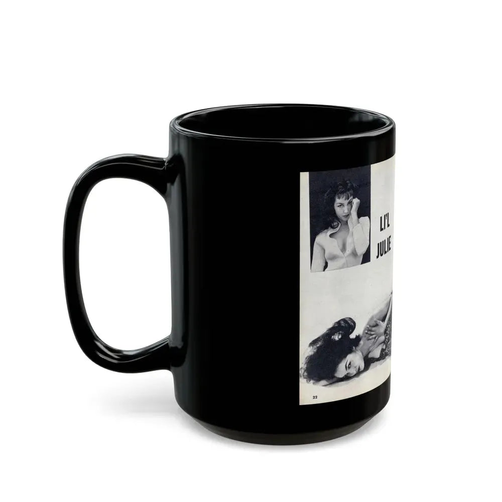 Julie Newmar #599 - Pages 22-23 Pages 1 & 2 of 4 with, Julie+1 Small B&W Photo & Partially Nude B&W & Article from SHOW Pocket Mag. May '57 (Vintage Female Icon) Black Coffee Mug - Go Mug Yourself