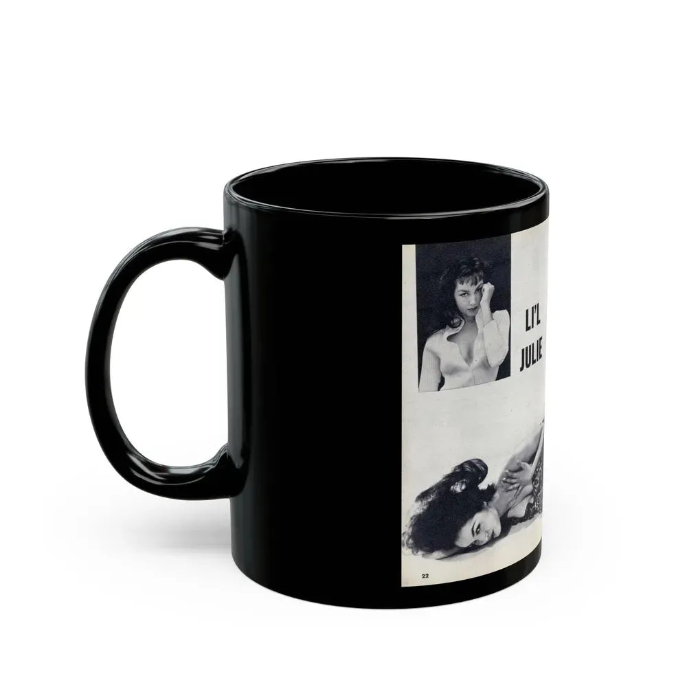 Julie Newmar #599 - Pages 22-23 Pages 1 & 2 of 4 with, Julie+1 Small B&W Photo & Partially Nude B&W & Article from SHOW Pocket Mag. May '57 (Vintage Female Icon) Black Coffee Mug - Go Mug Yourself