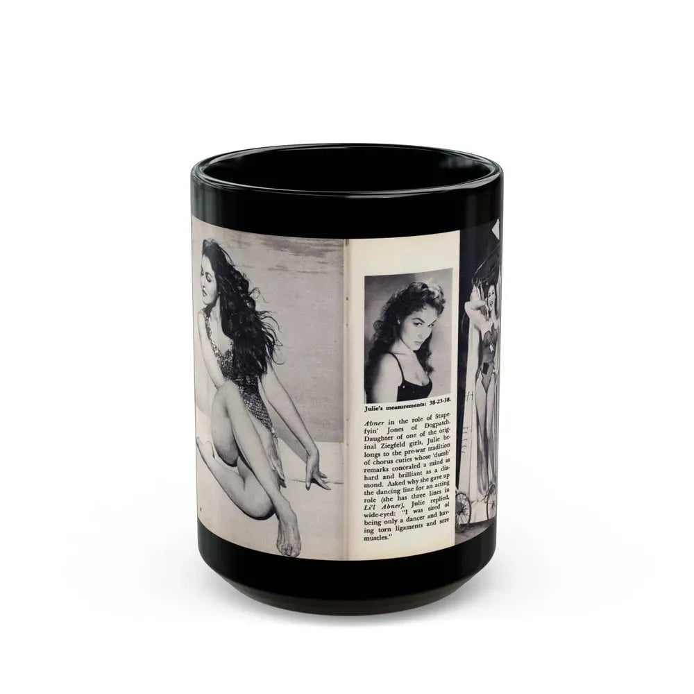 Julie Newmar #600 - Pages 24-25 Pages 3 & 4 of 4 with, Julie+3 B&W Photos & Article ending from SHOW Pocket Mag. May '57 (Vintage Female Icon) Black Coffee Mug 15oz - Go Mug Yourself