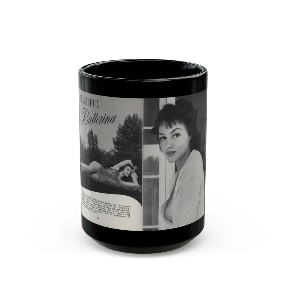 Julie Newmar #601 - Pages 14-15 Pages 1 & 2 of 6 with, Julie+2 B&W Photos & Article from SPICK Pocket Mag. April '58 (Vintage Female Icon) Black Coffee Mug 15oz - Go Mug Yourself
