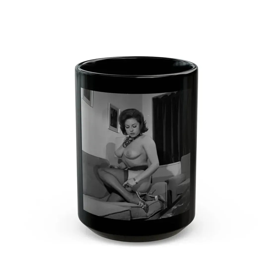 June Palmer #322 - Topless (Vintage Female Icon) Black Coffee Mug 15oz - Go Mug Yourself