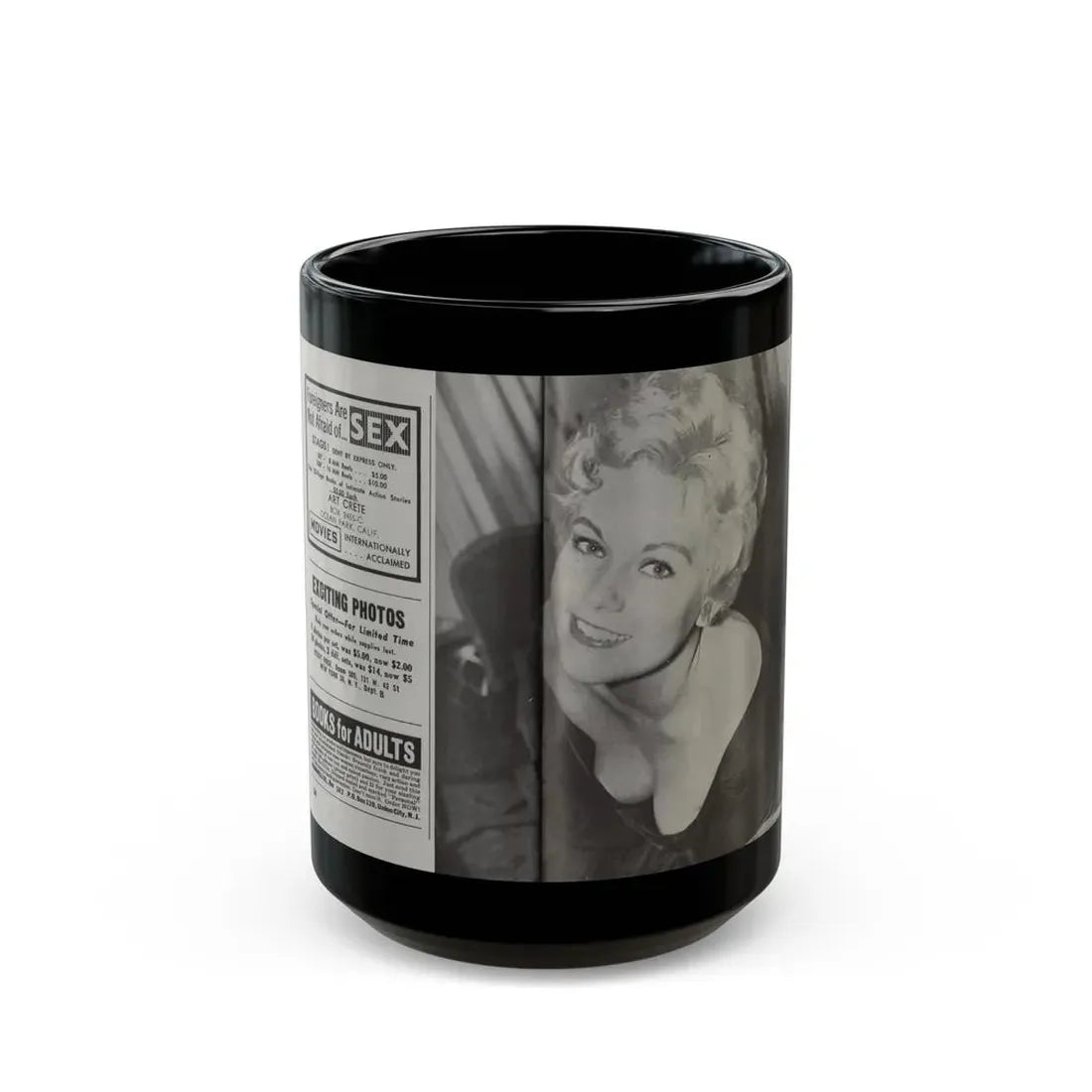 Kim Novak #219 - Pose! Pocket Mag. July '58 - 1 B&W Part Centerfold Photo (Vintage Female Icon) Black Coffee Mug 15oz - Go Mug Yourself