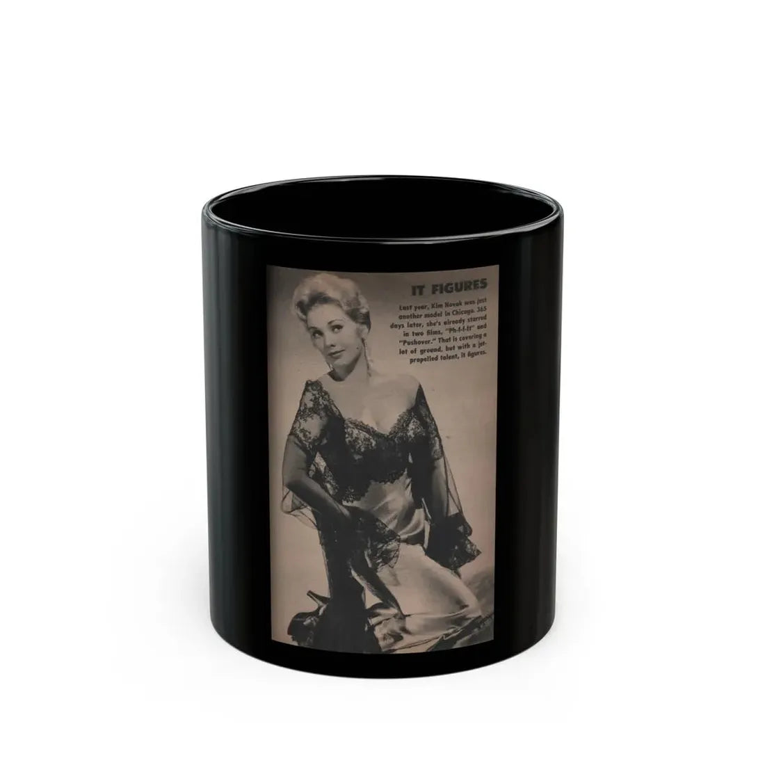 Kim Novak #220 - Tab Mag. April '55 - B&W Photo & Caption (Vintage Female Icon) Black Coffee Mug 11oz - Go Mug Yourself