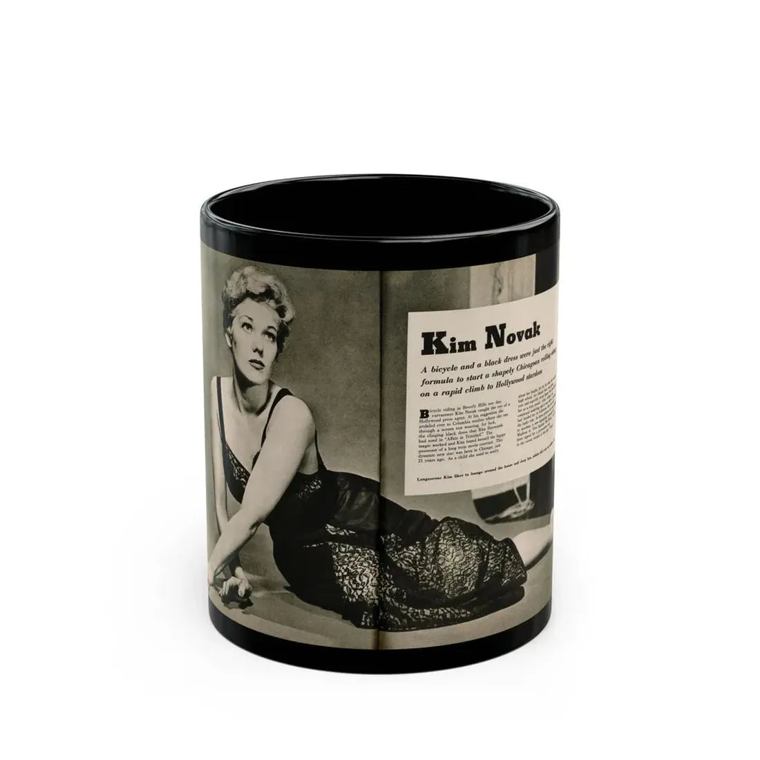 Kim Novak #383 - Fabulous Females Mag. Issue #1 '55 - 1 B&W Centerfold (Vintage Female Icon) Black Coffee Mug 11oz - Go Mug Yourself