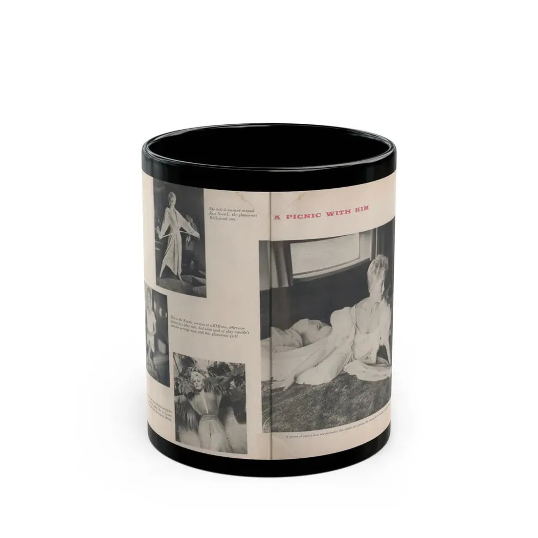 Kim Novak #394 - Pages 2 & 3 of 4 with, 4 B&W Photos & Captions from Jem Mag. Vol. 1 #01 Nov. '56 (Vintage Female Icon) Black Coffee Mug 11oz - Go Mug Yourself