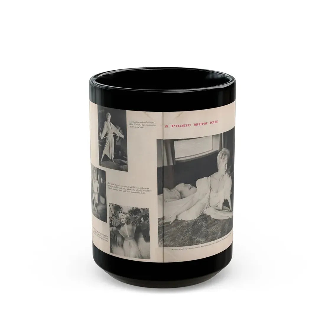 Kim Novak #394 - Pages 2 & 3 of 4 with, 4 B&W Photos & Captions from Jem Mag. Vol. 1 #01 Nov. '56 (Vintage Female Icon) Black Coffee Mug 15oz - Go Mug Yourself