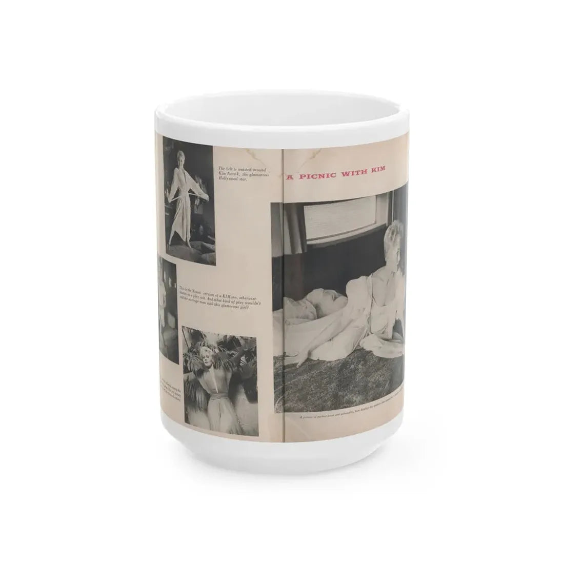 Kim Novak #394 - Pages 2 & 3 of 4 with, 4 B&W Photos & Captions from Jem Mag. Vol. 1 #01 Nov. '56 (Vintage Female Icon) White Coffee Mug 15oz - Go Mug Yourself