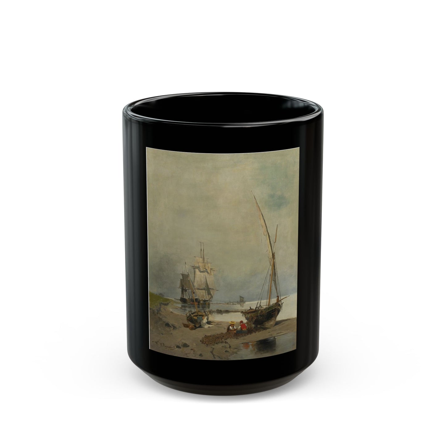 Konstantinos Volanakis (1837-1907) Mending the nets - Black Coffee Mug-15oz-Go Mug Yourself