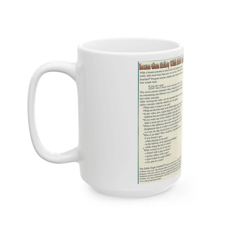 LEARN GUN SAFETY WITH EDDIE EAGLE HOSTED BY JASON PRIESTLEY (VHS COVER) - White Coffee Mug-Go Mug Yourself