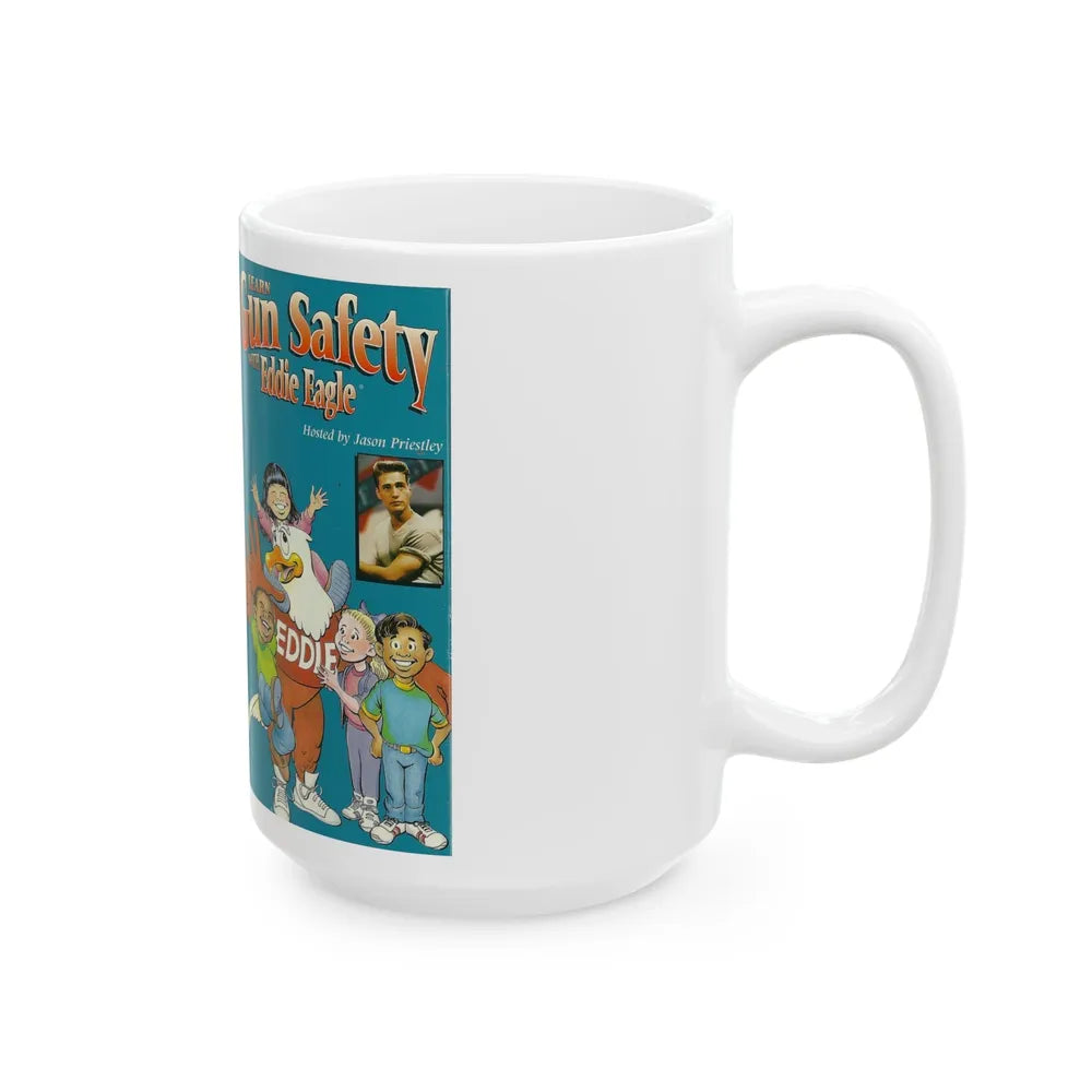 LEARN GUN SAFETY WITH EDDIE EAGLE HOSTED BY JASON PRIESTLEY (VHS COVER) - White Coffee Mug-Go Mug Yourself