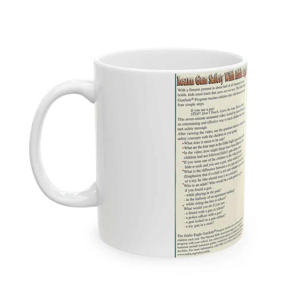 LEARN GUN SAFETY WITH EDDIE EAGLE HOSTED BY JASON PRIESTLEY (VHS COVER) - White Coffee Mug-Go Mug Yourself