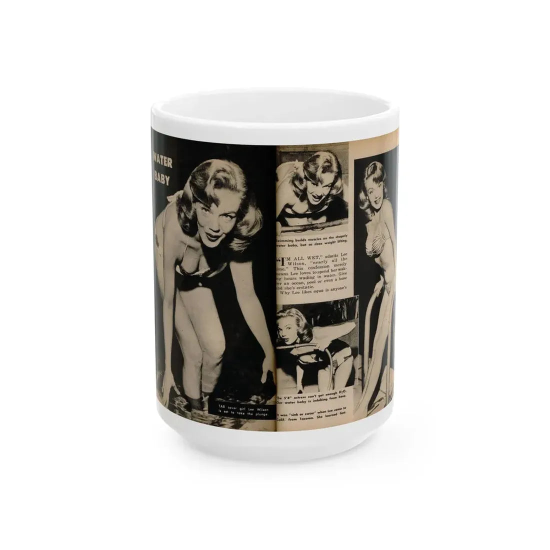 Lee Wilson #11 - Pages 1 & 2 of 5 Featuring, Lee+4 B&W Photos & Captions from TAB Digest Mag. October '54 (Vintage Female Icon) White Coffee Mug 15oz - Go Mug Yourself