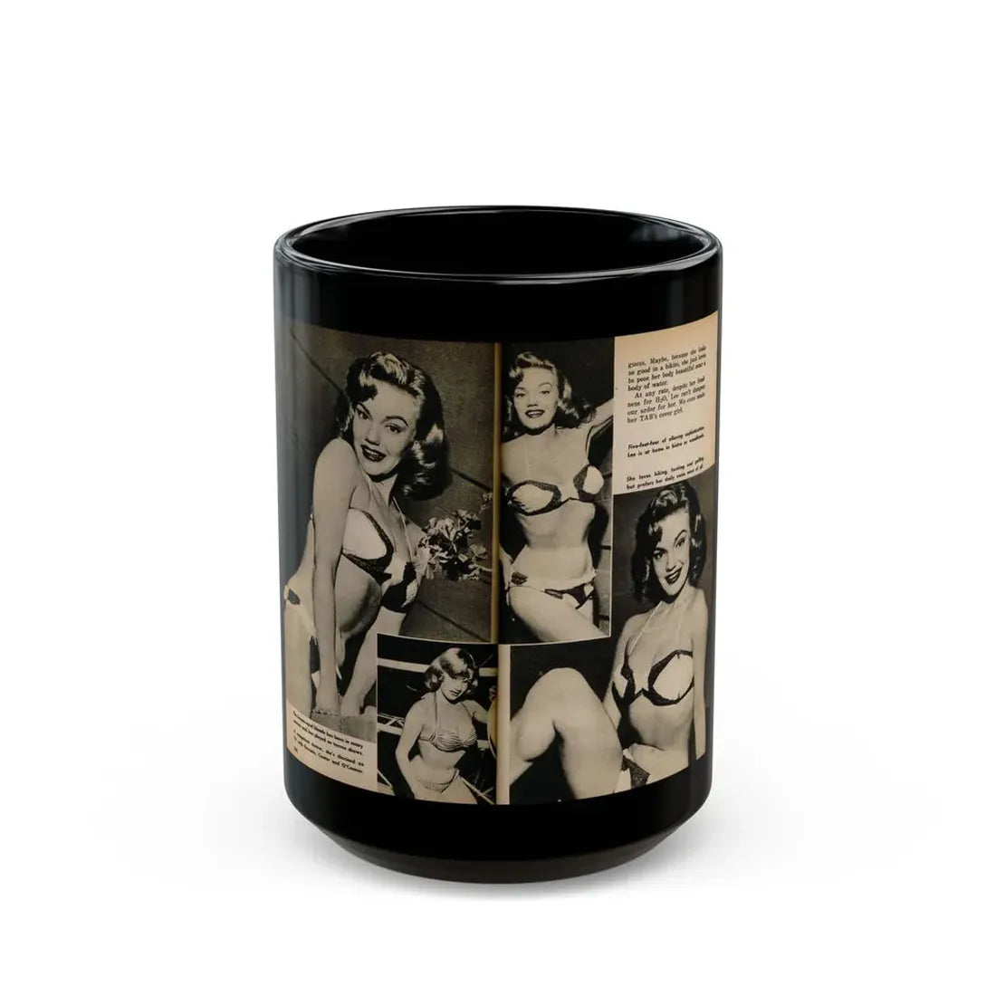 Lee Wilson #12 - Pages 3 & 4 of 5 Featuring, Lee+4 B&W Photos & Captions from TAB Digest Mag. October '54 (Vintage Female Icon) Black Coffee Mug 15oz - Go Mug Yourself