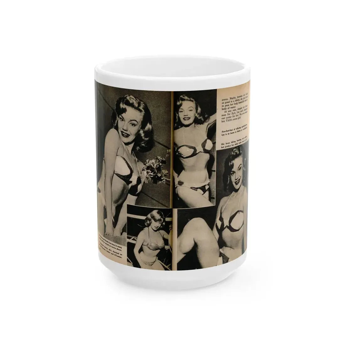 Lee Wilson #12 - Pages 3 & 4 of 5 Featuring, Lee+4 B&W Photos & Captions from TAB Digest Mag. October '54 (Vintage Female Icon) White Coffee Mug 15oz - Go Mug Yourself