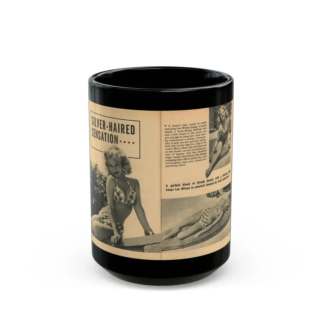 Lee Wilson #21 - Pages 1 & 2 of 5 Featuring, Lee+3 B&W Photos, Brief Article & Caption from EYE Digest Mag. Nov. '54 (Vintage Female Icon) Black Coffee Mug 15oz - Go Mug Yourself