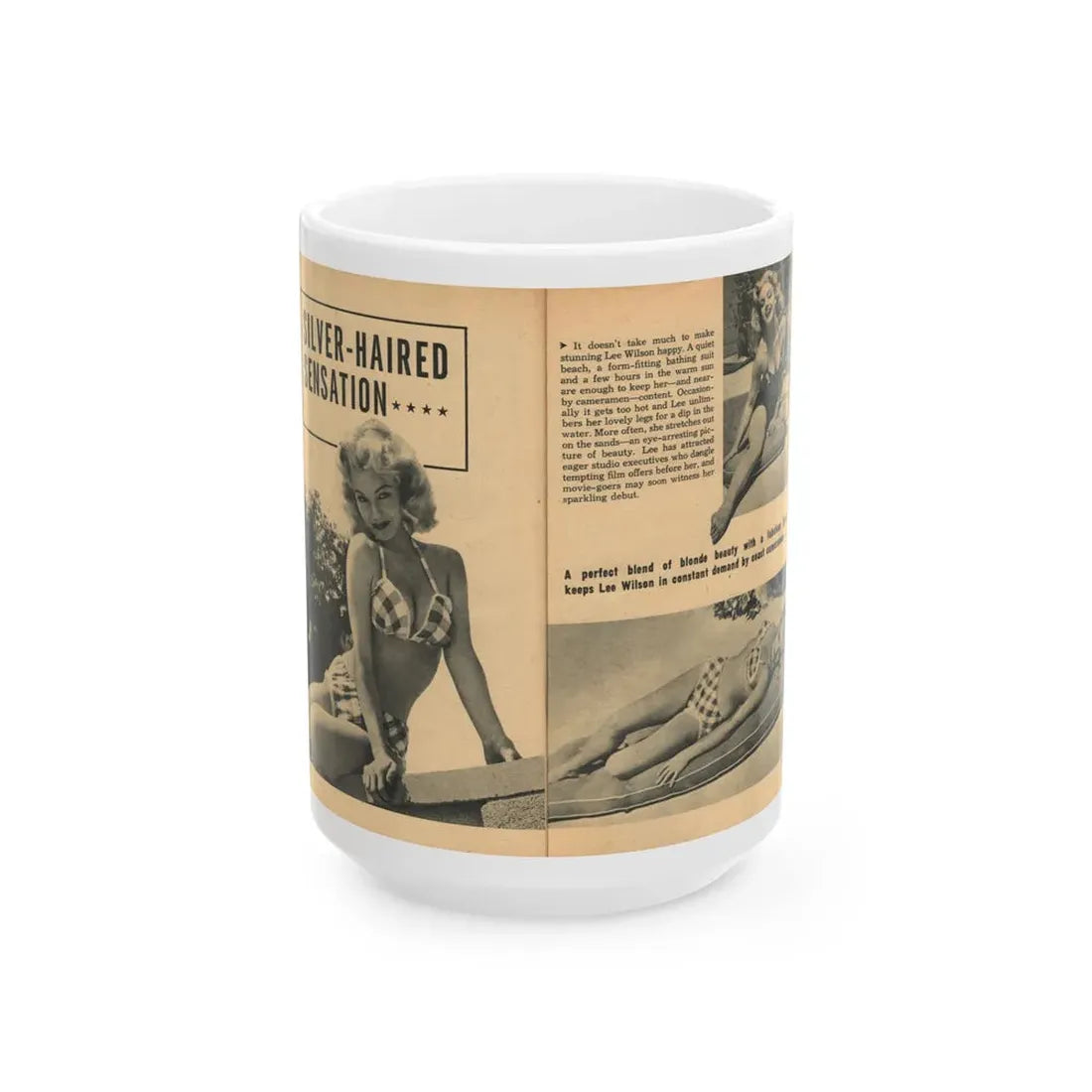 Lee Wilson #21 - Pages 1 & 2 of 5 Featuring, Lee+3 B&W Photos, Brief Article & Caption from EYE Digest Mag. Nov. '54 (Vintage Female Icon) White Coffee Mug 15oz - Go Mug Yourself