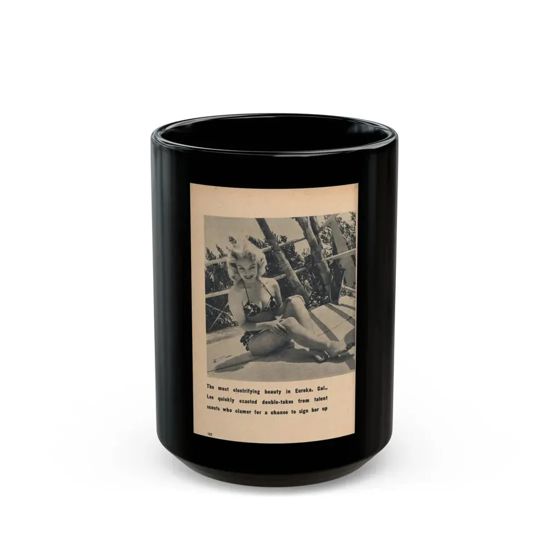 Lee Wilson #23 - Pages 5 of 5 Featuring, Lee+1 B&W Photo & Caption from EYE Digest Mag. Nov. '54 (Vintage Female Icon) Black Coffee Mug 15oz - Go Mug Yourself
