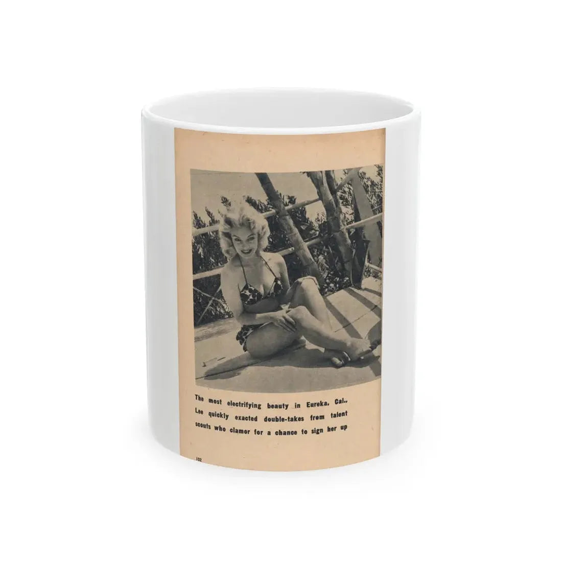 Lee Wilson #23 - Pages 5 of 5 Featuring, Lee+1 B&W Photo & Caption from EYE Digest Mag. Nov. '54 (Vintage Female Icon) White Coffee Mug 11oz - Go Mug Yourself
