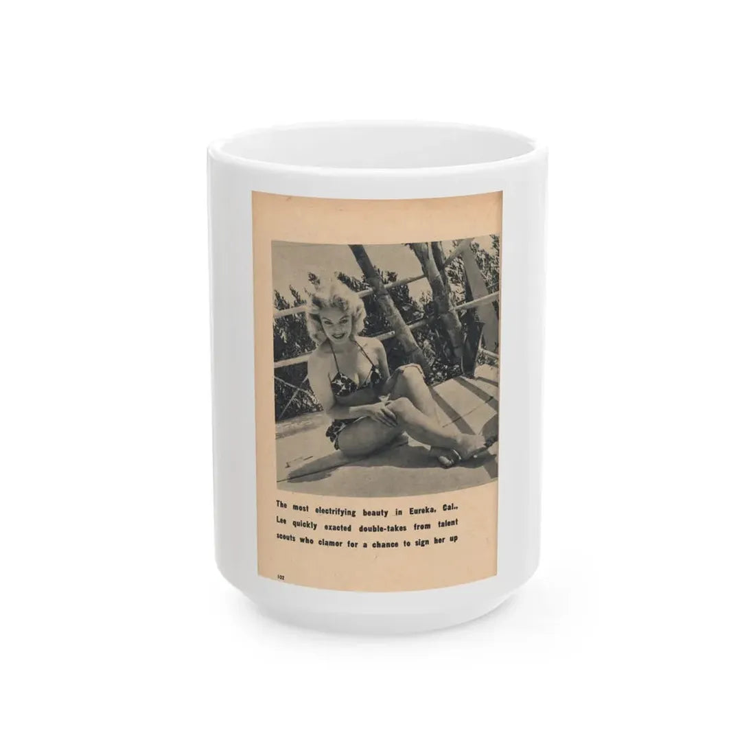 Lee Wilson #23 - Pages 5 of 5 Featuring, Lee+1 B&W Photo & Caption from EYE Digest Mag. Nov. '54 (Vintage Female Icon) White Coffee Mug 15oz - Go Mug Yourself