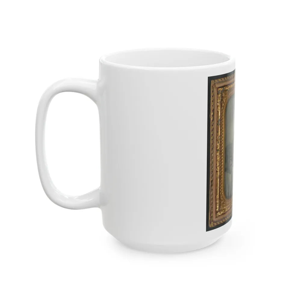 Lewis Hicks Of Company H, 53rd North Carolina Infantry Regiment With Pistol In Front Of Painted Backdrop Showing A Gabled House (U.S. Civil War) White Coffee Mug-Go Mug Yourself