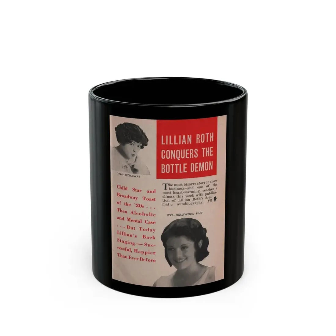 Lillian Roth #39 - People Pocket Mag. 6-16-54 - 2 B&W Photos & Article (Vintage Female Icon) Black Coffee Mug 11oz - Go Mug Yourself