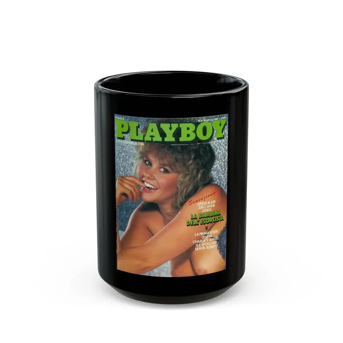 Linda Blair #211 - Italian Playboy Mag. '83 (Vintage Female Icon) Black Coffee Mug 15oz - Go Mug Yourself