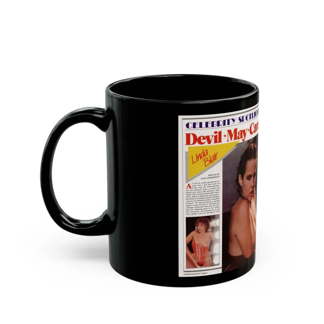 Linda Blair #296 - High Society Mag. August '83 - 2 Pages 4 Photos with, captions & article (Vintage Female Icon) Black Coffee Mug - Go Mug Yourself