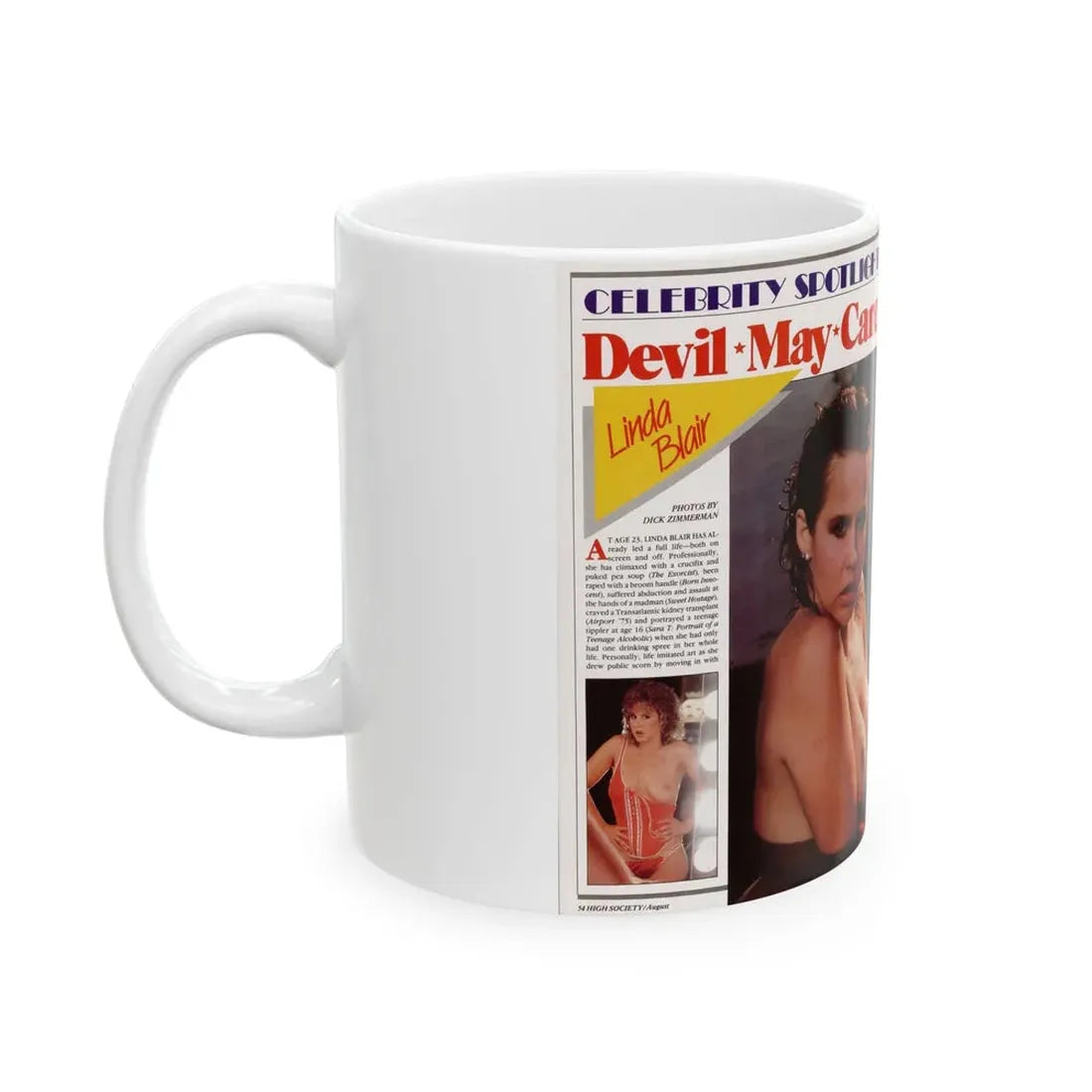 Linda Blair #296 - High Society Mag. August '83 - 2 Pages 4 Photos with, captions & article (Vintage Female Icon) White Coffee Mug - Go Mug Yourself