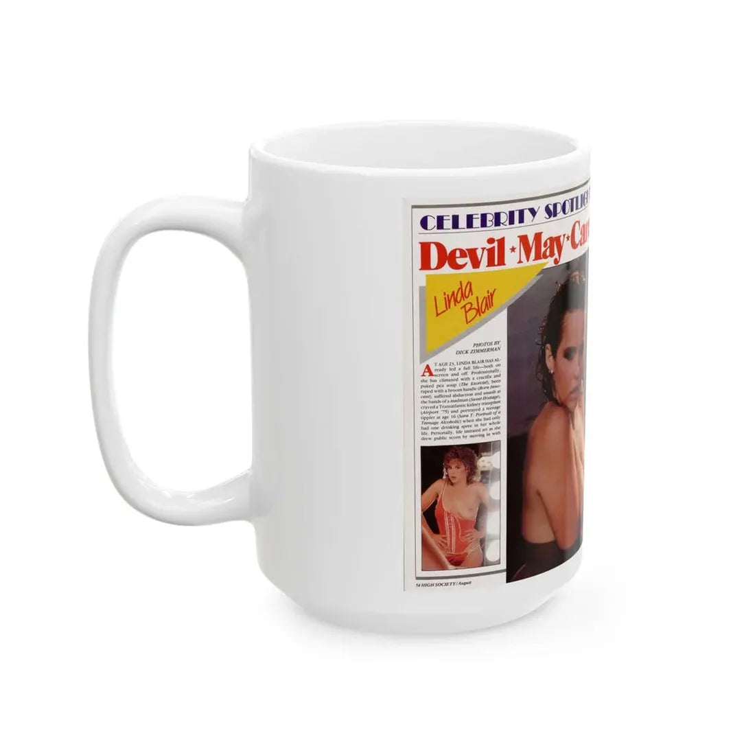 Linda Blair #296 - High Society Mag. August '83 - 2 Pages 4 Photos with, captions & article (Vintage Female Icon) White Coffee Mug - Go Mug Yourself