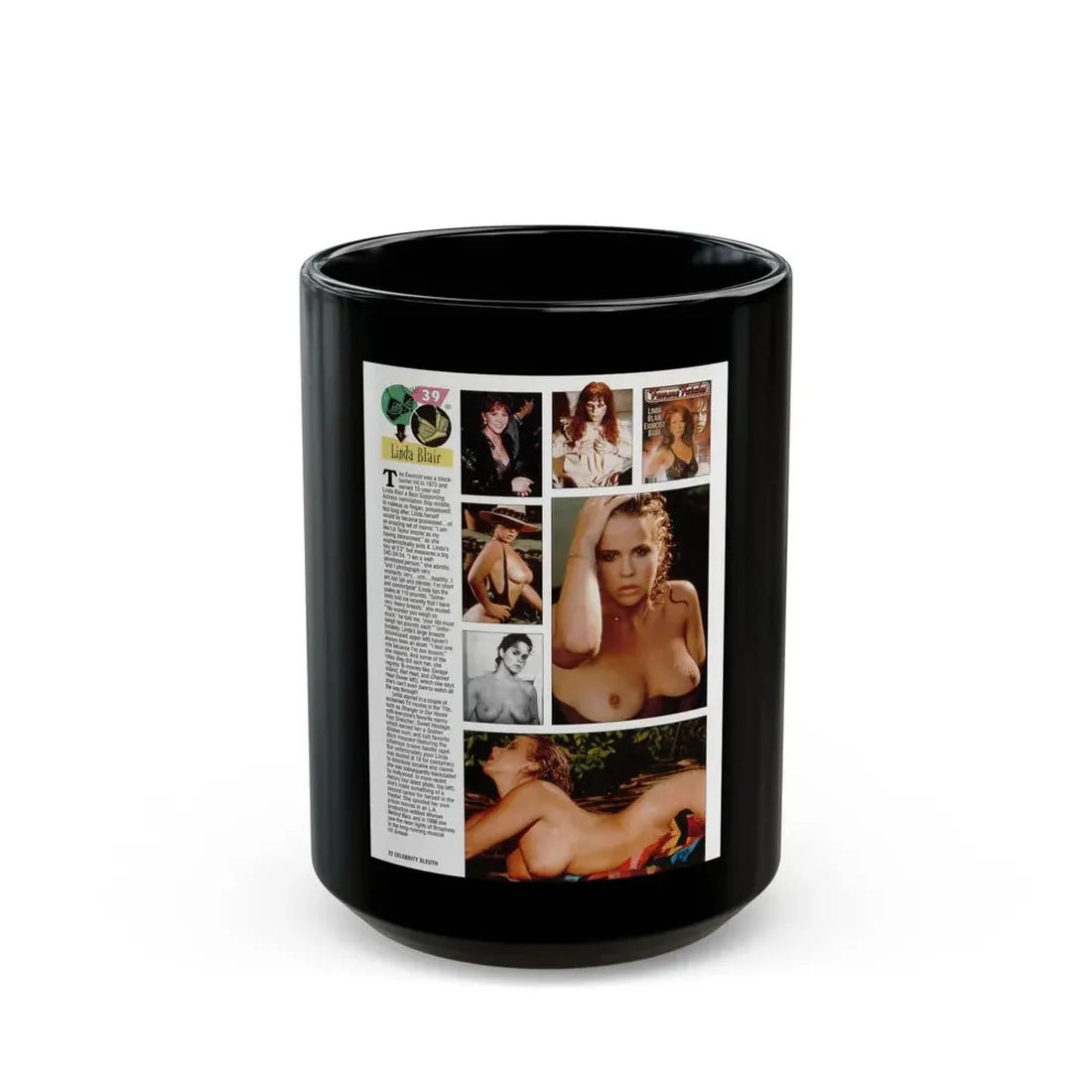 Linda Blair #301 - Celebrity Sleuth Mag. - 1 Page 7 Photos with, article (Vintage Female Icon) Black Coffee Mug 15oz - Go Mug Yourself