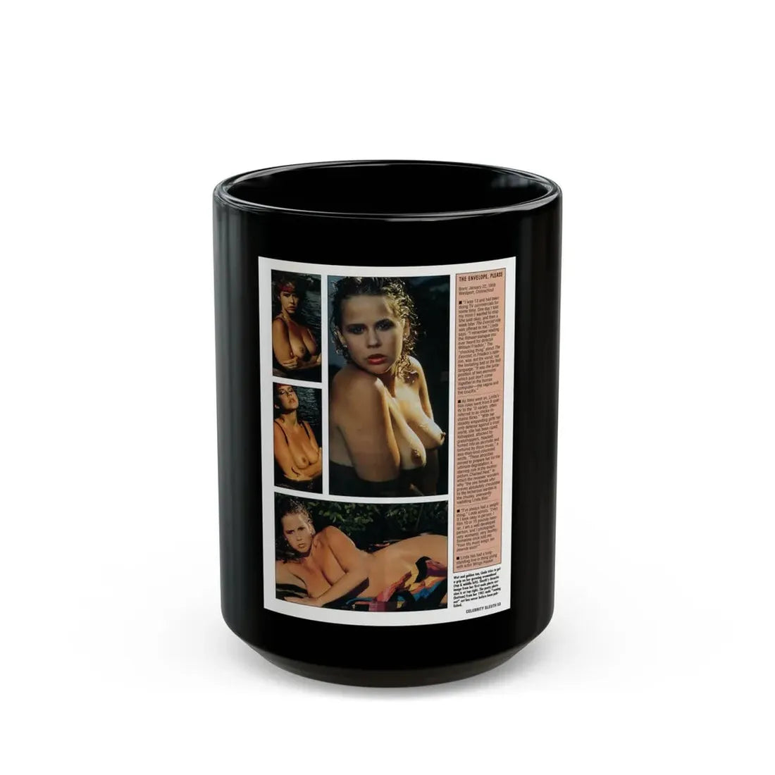 Linda Blair #302 - Celebrity Sleuth Mag. - 1 Page 4 Photos with, article (Vintage Female Icon) Black Coffee Mug 15oz - Go Mug Yourself