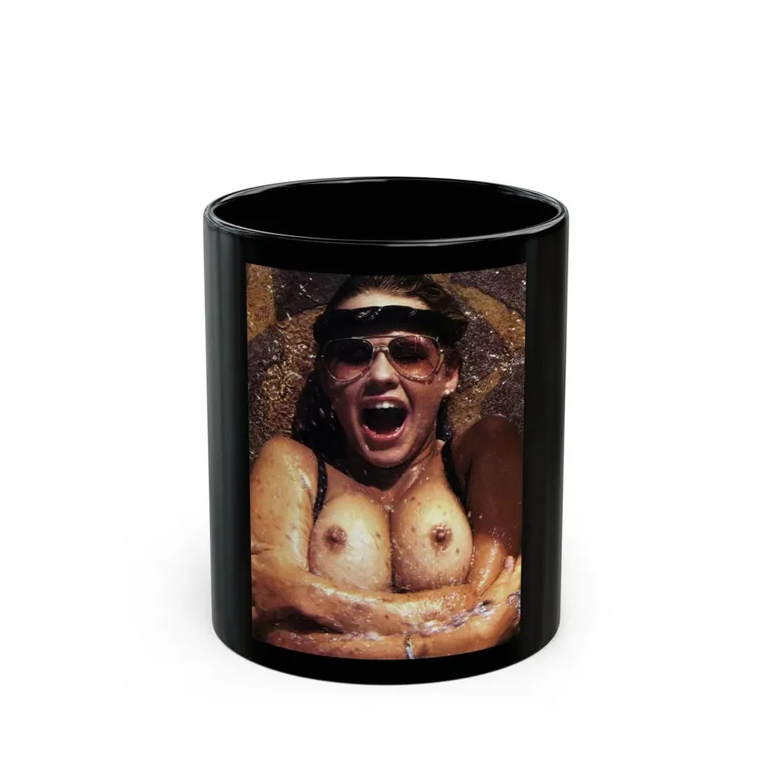 Linda Blair #319 - 1 Page, 1 Photo topless with squirting water from OUI Mag. October '82 (Vintage Female Icon) Black Coffee Mug 11oz - Go Mug Yourself