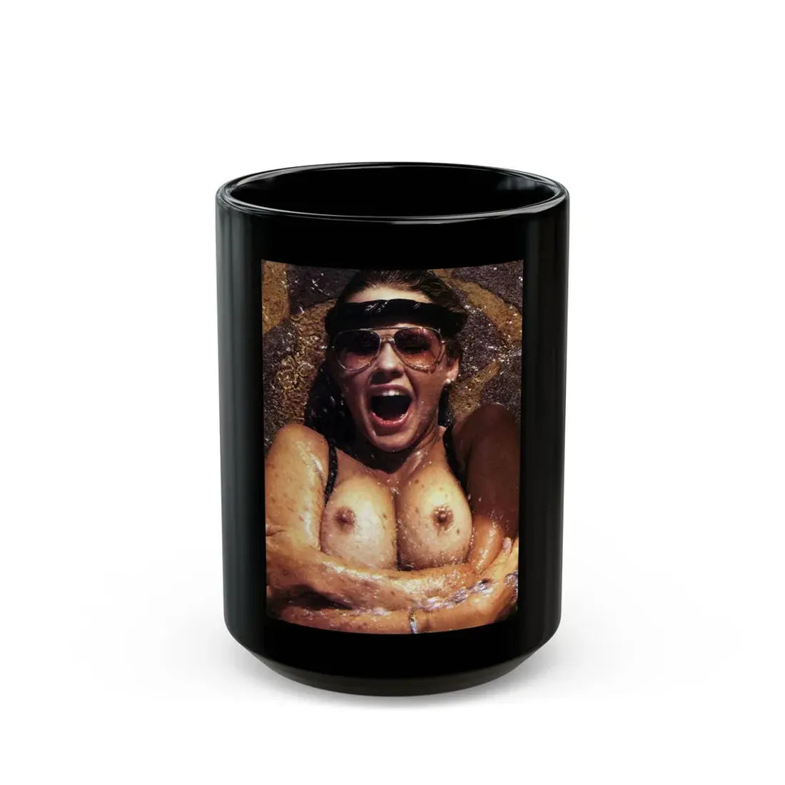 Linda Blair #319 - 1 Page, 1 Photo topless with squirting water from OUI Mag. October '82 (Vintage Female Icon) Black Coffee Mug 15oz - Go Mug Yourself