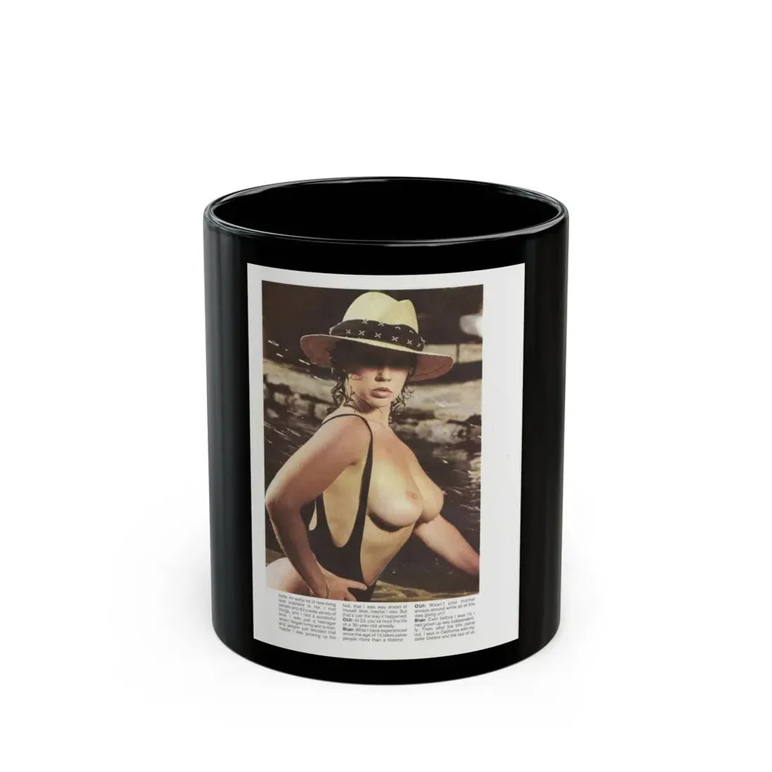 Linda Blair #320 - 1 Page, 1 Photo topless with hat from OUI Mag. October '82 (Vintage Female Icon) Black Coffee Mug 11oz - Go Mug Yourself
