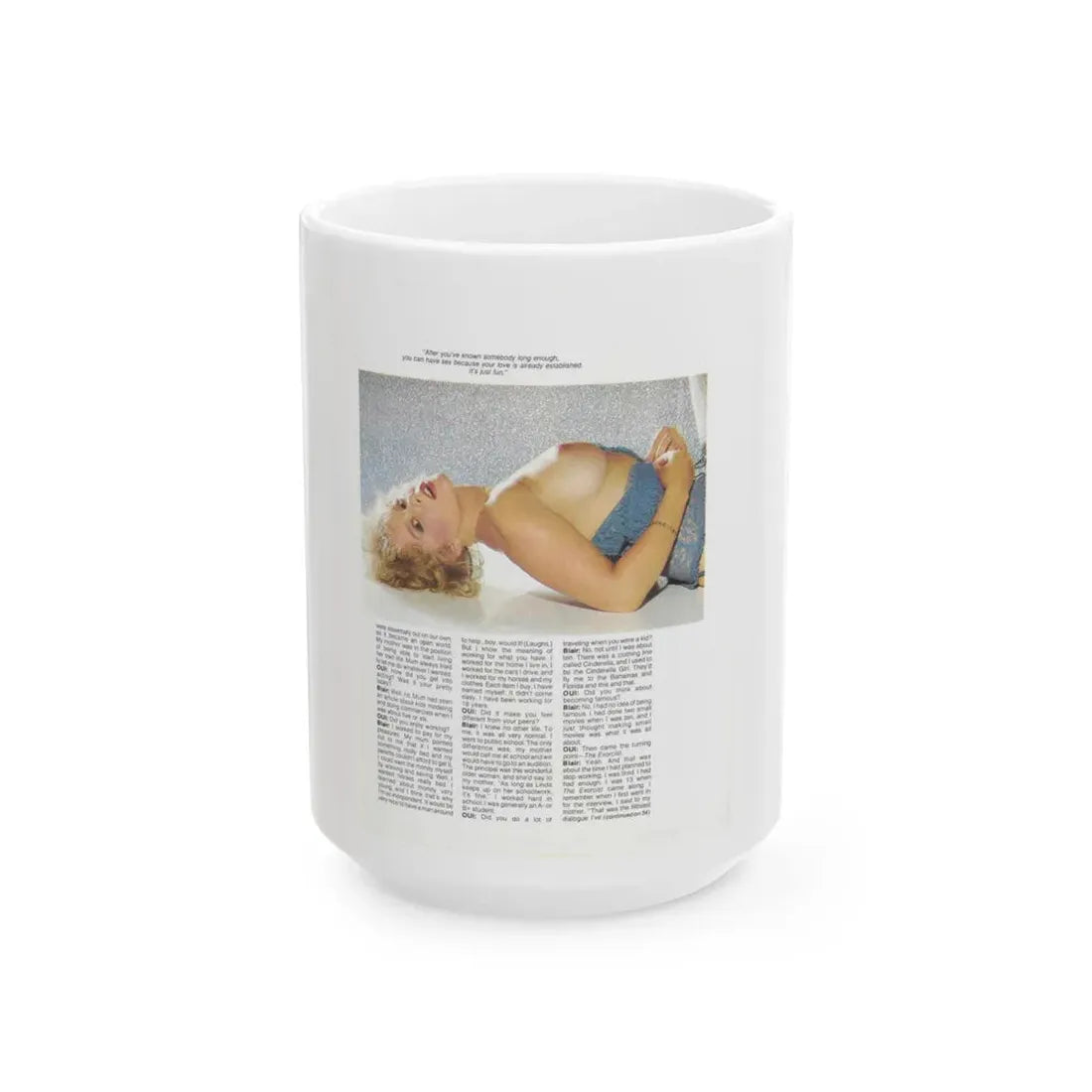 Linda Blair #322 - 1 Page, 1 Photo topless with lingerie too from OUI Mag. October '82 (Vintage Female Icon) White Coffee Mug 15oz - Go Mug Yourself