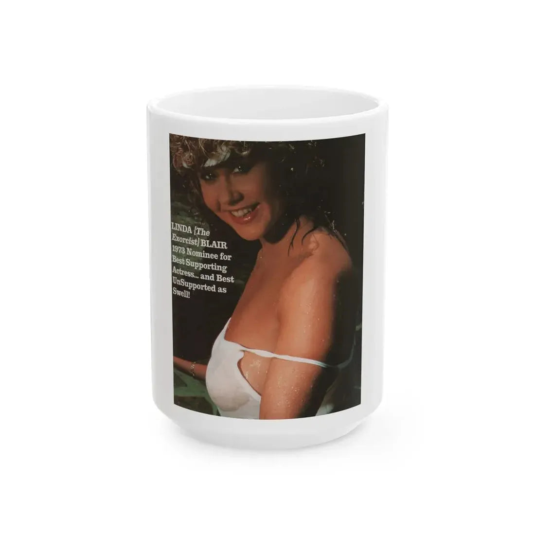 Linda Blair #340 - Circa 80's Magazine Clipping See through white wet top & one shoulder strap off (Vintage Female Icon) White Coffee Mug 15oz - Go Mug Yourself