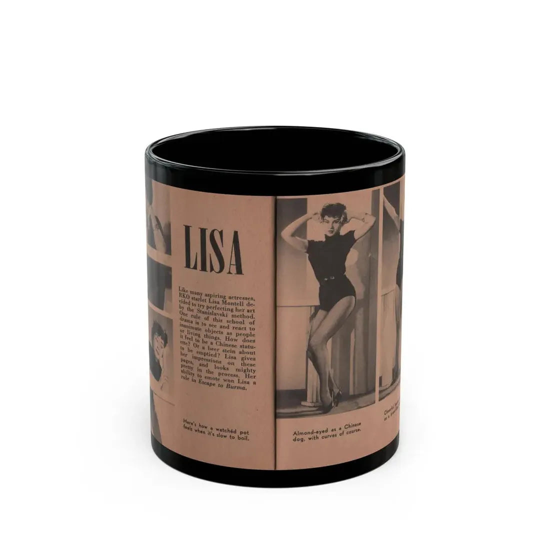 Lisa Montell #26 - 4 B&W Photos, Small Article & Captions from Pocket Pin-Ups Mag. '56 (Vintage Female Icon) Black Coffee Mug 11oz - Go Mug Yourself