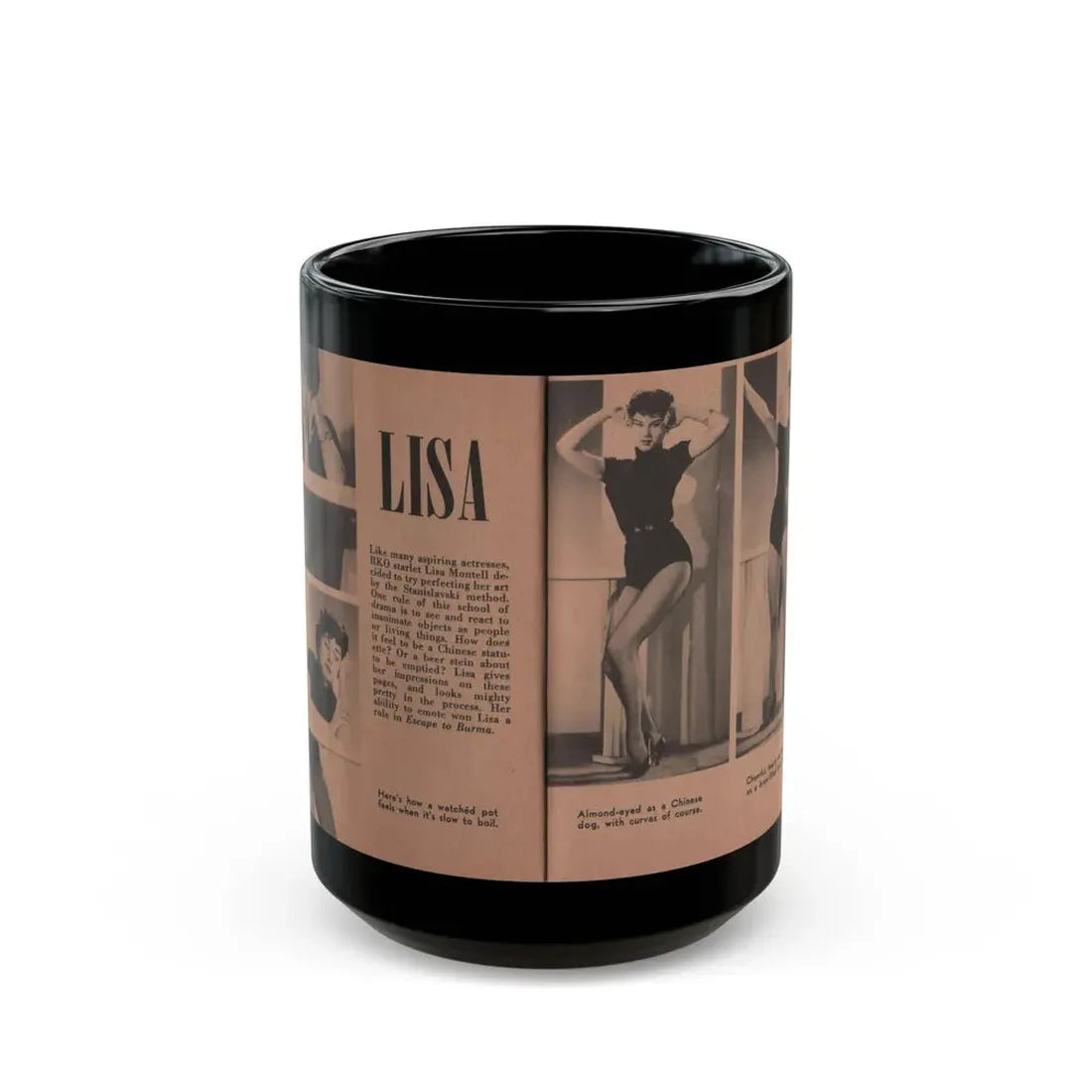 Lisa Montell #26 - 4 B&W Photos, Small Article & Captions from Pocket Pin-Ups Mag. '56 (Vintage Female Icon) Black Coffee Mug 15oz - Go Mug Yourself