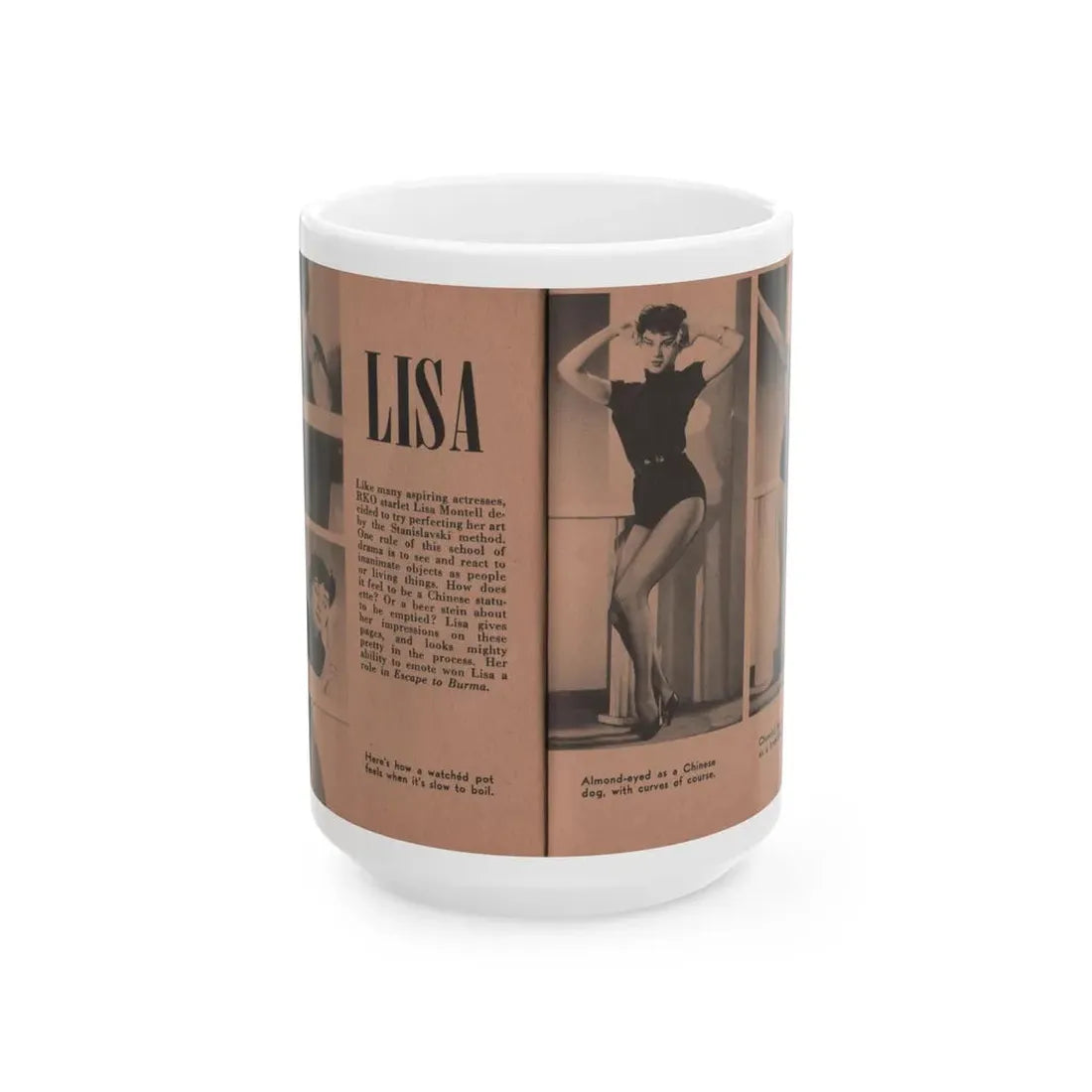 Lisa Montell #26 - 4 B&W Photos, Small Article & Captions from Pocket Pin-Ups Mag. '56 (Vintage Female Icon) White Coffee Mug 15oz - Go Mug Yourself