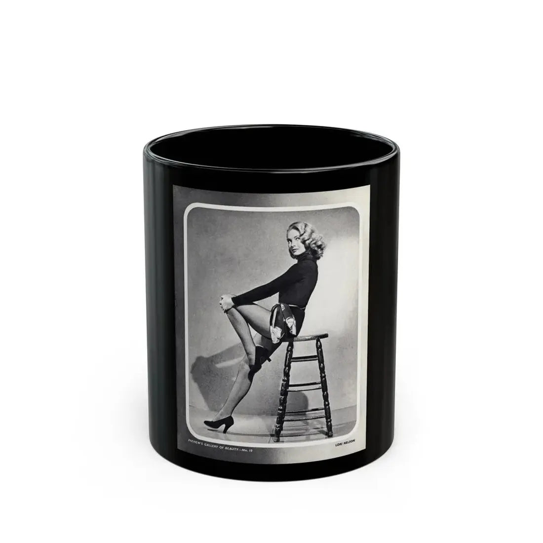 Lori Nelson #04 - Vintage B&W Full Body Leggy Cheesecake Pin-Up Photo (Vintage Female Icon) Black Coffee Mug 11oz - Go Mug Yourself