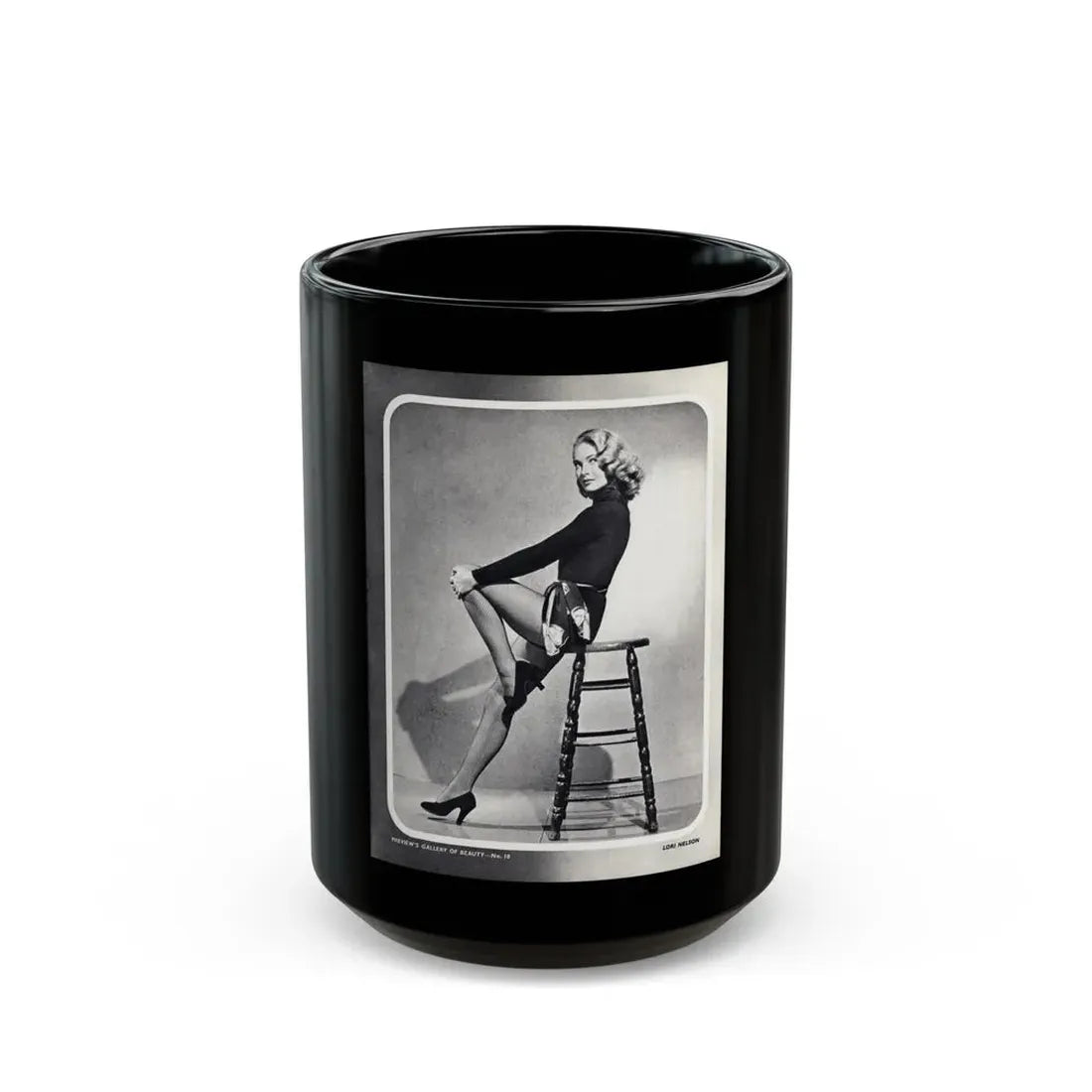 Lori Nelson #04 - Vintage B&W Full Body Leggy Cheesecake Pin-Up Photo (Vintage Female Icon) Black Coffee Mug 15oz - Go Mug Yourself